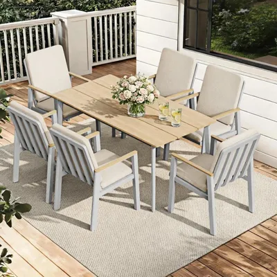 Produktbild von RICHLY Gartenlounge-Set Dining Lounge für 6 Personen Outdoor,Garten-Essgruppe mit Kissen und Sitzpolstern Aluminium,Gartenmöbelset, 7-tlg,Beige