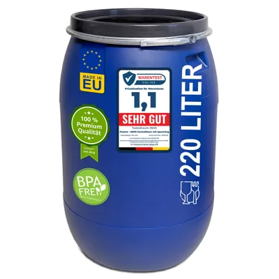 Produktbild von plasteo® 220 Liter Weithalsfass mit Deckel und Spannring Regenfass Kunststofffass Universalfass Deckelfass Maischefass Sauerkrautfass