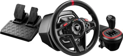 A racing wheel, pedals, and shifter set on a white background.