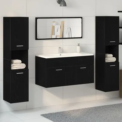 Produktbild von 4-tlg. Badmöbel-Set Schwarz Eiche Holzwerkstoff, Badezimmerschränke DesignMöbel Neu