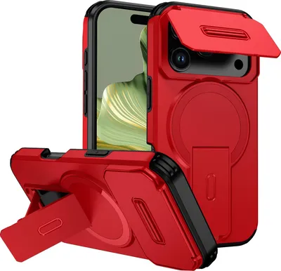 Produktbild von Magnetisch Hülle für iPhone 17 Pro, Dual Layer Stoßfest Handyhülle mit Dia Kameraschutz, Verstellbarem Ständer Rot