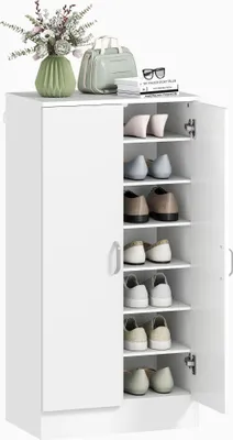 Image de Armoire à chaussures Étagère à chaussures - Avec 2 portes - Avec 6 étagères réglables - Pour 14 paires - Dimensions 55x35x108 cm - Blanc