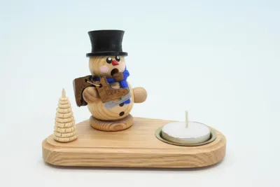 Obrázek produktu pro Svícen s čajovou svíčkou a sněhulákem přírodní výška 14 cm NOVINKA