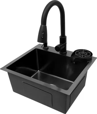 Zdjęcie produktu dla Zlewozmywak kuchenny - Zlewozmywak jednokomorowy, kwadratowy - Stal nierdzewna 201 - Podblatowy - Wyciągana obrotowa bateria 360° 40 cm - Dwa rodzaje natrysku - Czarny