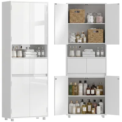 Immagine prodotto di HOMCOM Mobile Alto da Bagno Slim Bianco Lucido con Cassetti e Ripiani