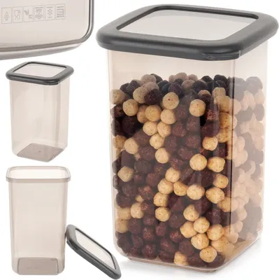 A set of transparent food storage containers with gray lids, one of which is filled with cereal.
