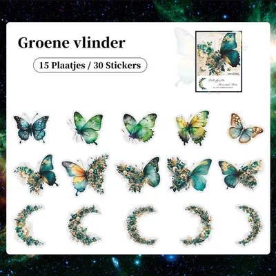 Productafbeelding van 30 groene vlinderstickers – set van 15 designs voor scrapbooking en planners