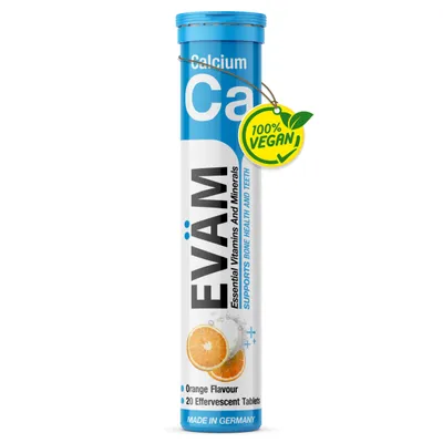 Produktbild von EVÄM Calcium 800mg = 100% Tagesbedarf | Vegan | Zuckerfrei | Orangengeschmack | 20 Brausetabletten | Germany | Knochen, Zähne, Muskeln stärken