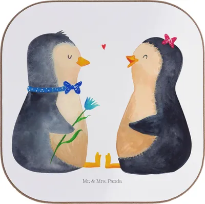 Produktbild von Mr. & Mrs. Panda Untersetzer Glas Pinguin Pärchen - Weiß - Geschenk, Hochzeitstag, Gläser, Verknallt, Liebe, für, bieruntersetzer, Tischschoner, Verlobung, Pinguine