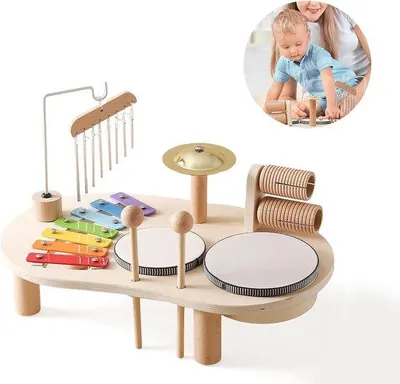 Produktbild von Kinderschlagzeug, ein pädagogisches Musikinstrument für Kinder ab 1 Jahr, Montessori-Spielzeug mit Trommeln und Xylophon, farbenfroh und lehrreich