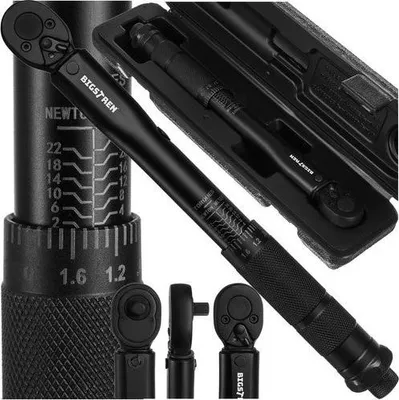 A black torque wrench and its case are displayed against a white background, with several close-up views of the wrench head.