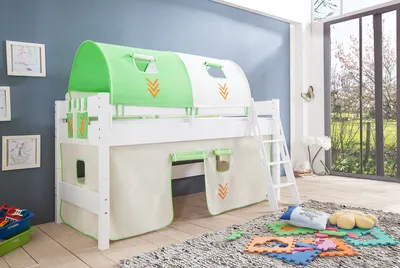 Produktbild von Relita Halbhohes Spielbett Kim Buche massiv weiß lackiert mit Textil-Set, beige/grün