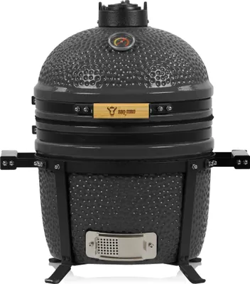 A close-up studio shot of a gray ceramic kamado grill.