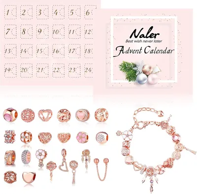Productafbeelding van Charms adventskalender roségoud sieraden - 24-delig - Hanger glazen kralen met kettingen en armband voor Kerstmis