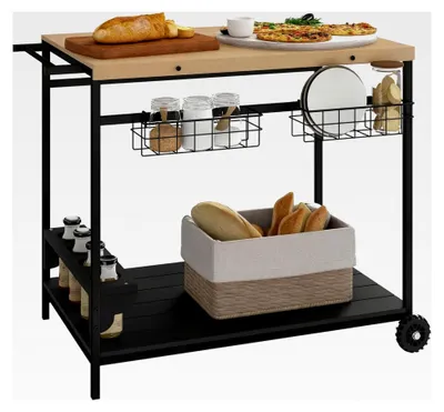Produktbild von Servierwagen, Gartenrollwagen mit 2 Ebenen, Barbecue Trolley und Aufbewahrungskorb, Outdoor Küchenwagen mit Griff und Becherhalter für Balkon, Tanne, Natur, 97,5 x 65 x 81 cm