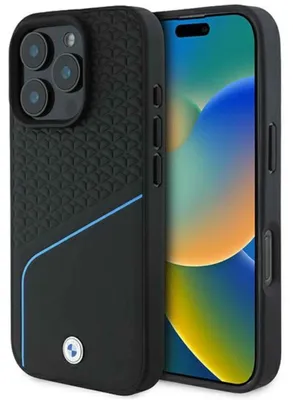 Productafbeelding van BMW Signature lederen telefoonhoes met textuur en lijnen, compatibel met MagSafe, voor iPhone 16 Pro - zwart