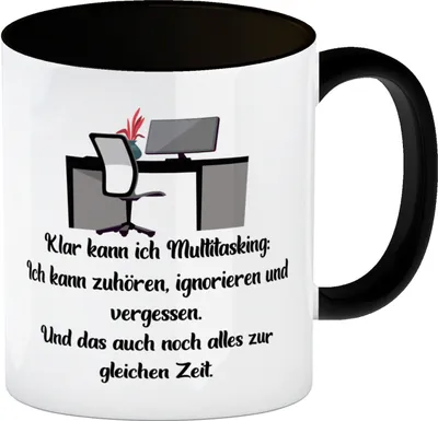 Produktbild von Multitasking Ironie Kaffeebecher in schwarz mit Spruch für das Büro