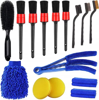 Immagine prodotto di Set-kit detailing auto interno esterno, con spazzole e panni per la pulizia per cerchi, interni, motore, scarico, sedili, 15 pezzi