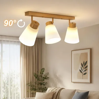 Produktbild von LED Deckenleuchte Holz 3-Flammig – Modern Deckenlampe mit E27 Fassung & 90° Schwenkbarer Spot, Wandlampe & Deckenstrahler Naturholz für Küche, 55cm