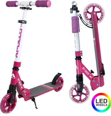 Produktbild von Apollo Scooter LED - Skyracer Led | City Scooter mit Federung| City Roller für Kinder klappbar | Tretroller Kinder ab 5 Jahre | sportlicher Cityroller | Verstellbar, perfekt als Scooter Erwachsene - pink/weiß