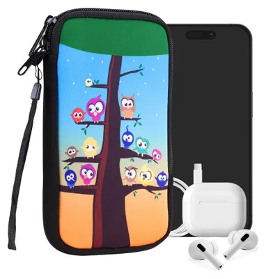 Produktbild von kwmobile Handytasche für Smartphones XL - 6,7/6,8" - Neopren Handy Tasche Hülle Cover Case Schutzhülle - Eule Baum Mehrfarbig Blau Braun - 17,2 x 8,4