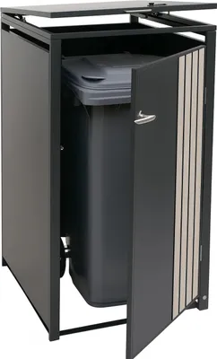 Immagine prodotto di 1 coperchio HWC-O67, contenitore per rifiuti con coperchio, metallo 122x68x84cm 35kg ~ antracite aspetto legno chiaro