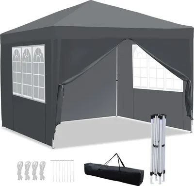 Produktbild von Clanmacy Pavillon Faltpavillon 3x3m Grau mit Seitenwänden Partyzelt UV-Schutz höhenverstellbarer mit Tragetasche, für Outdoor Garten Camping