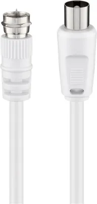 A close-up studio shot of two white coaxial cables with silver connectors against a white background.