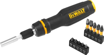 Produktbild von DeWALT Bit-Schraubendreher mit Ratsche DWHT68001-0, integrierte Bit-Aufbewahrung, inkl. Bit-Set PH, SQ, PZ, T, 10-tlg.