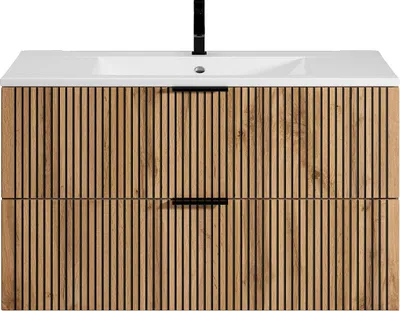 Produktbild von Waschbeckenunterschrank hängend mit Einbauwaschbecken - Holzfarben hell & Schwarzes - 100 cm - MADELA