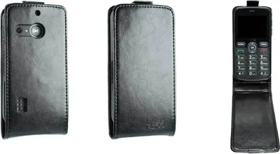 Three views of a black leather flip case for a mobile phone, with one view showing the phone inside.