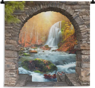 Produktbild von MuchoWow® Wandteppich Wandbehang Aussicht - Wasserfall - Herbst - Landschaft 150x150 cm Tapisserie Dekoration Wandtuch - Wohnaccessoires - Modernes