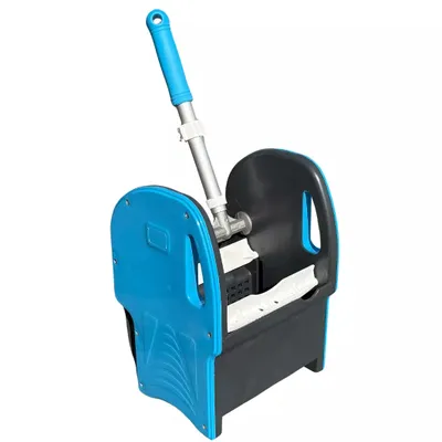 A mop bucket with a wringing mechanism and handle, shown against a white background.
