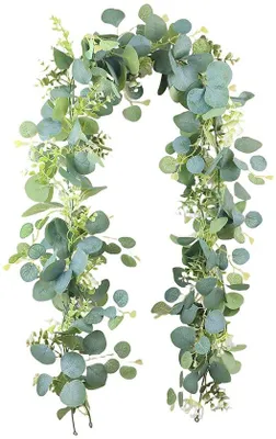 Produktbild von Kunstmatige Eucalyptus-Blätter Garland, 1,8 m, Grün, Dekorationszweig, Hängende Pflanzendekoration, Kunstliche Pflanze für Hintergrund, Hochzeitsschmuck, Tischdekoration