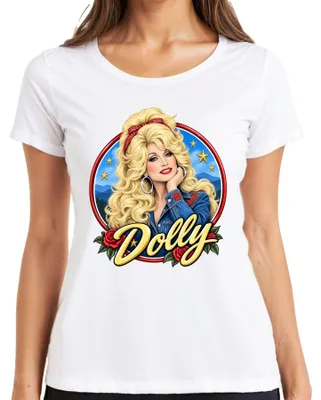 Obrázok produktu pre Dámske tričko s potlačou Dolly Parton, country speváčka, legenda, westernový štýl, farba: biela, veľkosť: M