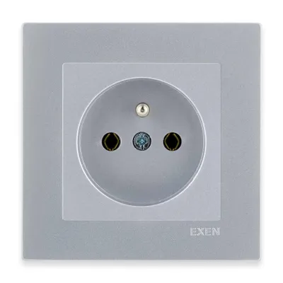 Image de Prise simple avec pôle de mise à la terre, type E, couleur argent + cadre argenté EXEN