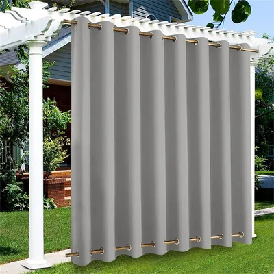 Image de 2 pièces rideau extérieur imperméable,rideau opaque coupe-vent UV protection solaire rideaux pour balcon jardin cour (254 * 213 cm, gris clair，avec œillets haut et bas)