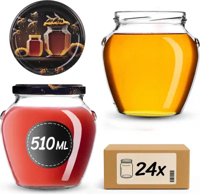 Produktbild von KADAX Einmachgläser 510 ml mit Schraubdeckel fi82mm, Schraubgläser mit Deckel, Einkochgläser, Sturzgläser zum Einkochen von Honig, Obst und Gemüse, Einmachglas (Schwarz, Honig, 24 Stück)