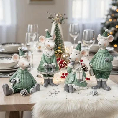 Produktbild von 4er Set Mäuse Figuren Weihnachten Deko Kunstharz Grün Weiß Weihnachtsdeko Deko