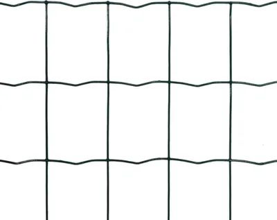 A close-up of green wire mesh fencing against a white background.