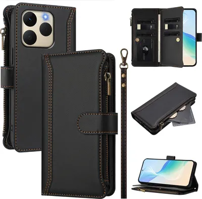 Image de Étui pour Realme 15T, zippé, étui portefeuille en cuirPolyuréthaneà rabat avec poches pour cartes, support et boucle pour les mains noir