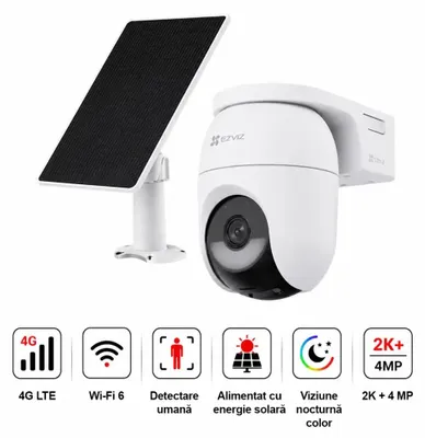 Image de Kit caméra de surveillance solaire EZVIZ CB8 Lite 4G : caméra 2K+, connectivité 4G et Wi-Fi, rotation à 6 axes, technologie AOV 2.0, intelligence artificielle, panneau solaire de 5W