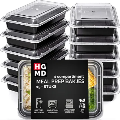 Produktbild von HGMD Meal Prep Trays - 15 Stück - 1 Fach - Lunchbox - Gefrierschalen - Frischhalteboxen - Kunststoff-Frischhaltebox - 1L - BPA frei