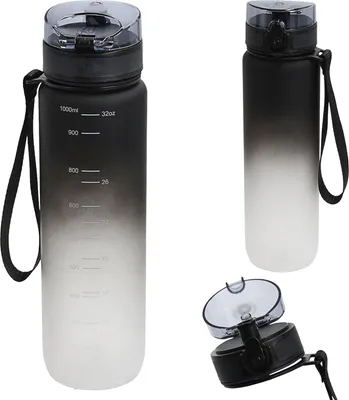 Produktbild von Trinkflasche 1000ml Sport PET PP PE 7,5x28cm schwarz weiß Farbverlauf Handschlaufe Sieb Sportwasserflasche BPA-frei