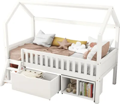 Produktbild von Kinderbett mit Lattenrost, Leiter und Stauraum, 90x200 cm, Hausbett mit Rausfallschutz, Holzbett aus Kiefer, Einzelbett, Jugendbett, Stauraumbett