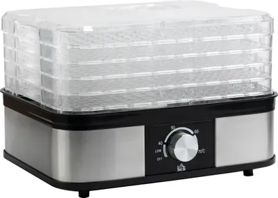 Produktbild von HOMCOM Dehydrátor s 5 priehradkami, 35-70 °C, sušička ovocia Dehydrátor na mäso Ovocie Domáce pochúťky Nerezová oceľ Strieborná+transparentná 32 x 25 x 29 cm