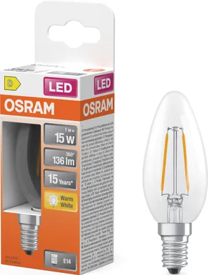 Obrázok produktu pre LED žiarovka B35 E14, tvar sviečky, 1W = 15W, 136 lm, 2700K (teplá biela), 300°, vláknová, značka STAR CLASSIC, výrobca Osram
