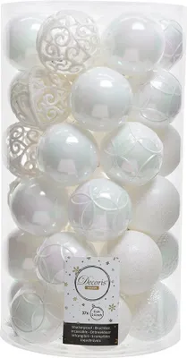 Produktbild von Plastikowe bombki świąteczne 6 cm białe opalizujące, zestaw 37 sztuk