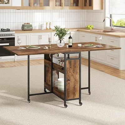 Imagen del producto de Mesa plegable de 130 cm con espacio de almacenamiento, estilo rústico, color marrón