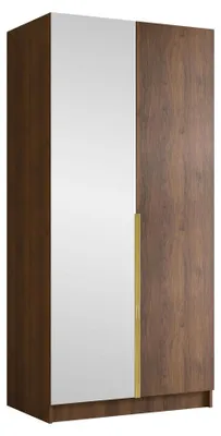 Produktbild von MIRJAN24 Kleiderschrank Bono II, Schlafzimmer, mit Spiegel, Drehtürenschrank, mit Kleiderstange, Modern, Garderobenschrank, Metallgriffe (Farbe: Nuss Warmia + Gold)